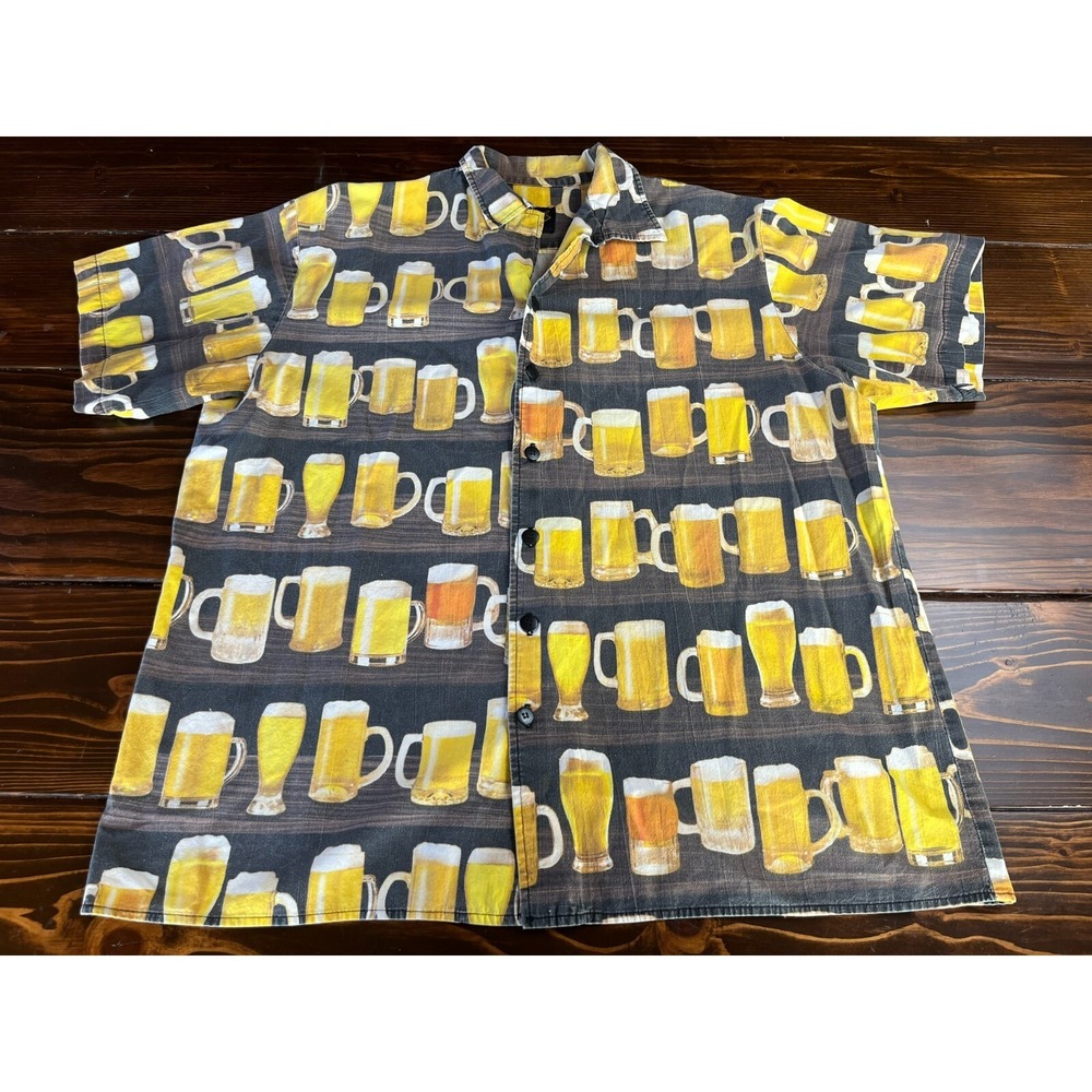 Gi Shirt, Men's Size XL, Gold Black, Multicolor, Beer Mugs, Button Up, Casual